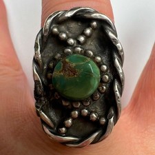 Green Turquoise Old Pawn Thick Band Sterling Silver 925 Ring, Size 8