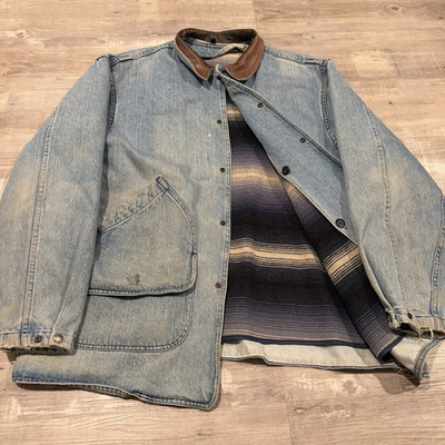 #ad VTG Woolrich Denim Chore Barn Jacket Leather Collar Blanket Lined Coat USA XL $69.98