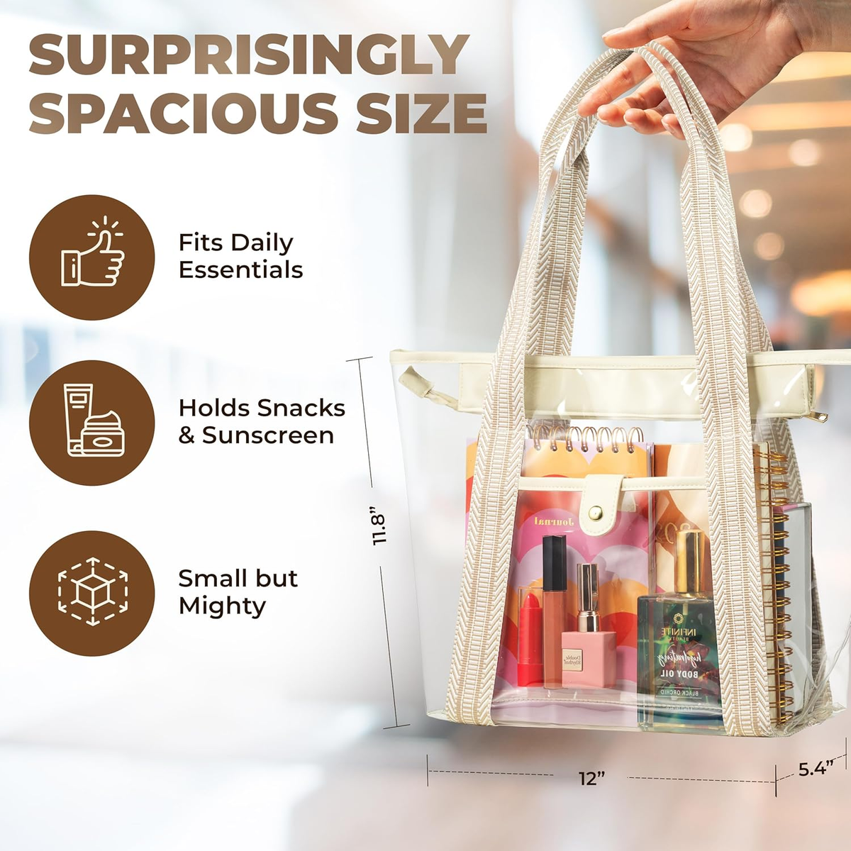 Clear Stadium Tote Bag 12x6x12 Zipper & Shoulder Strap