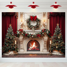Christmas Backdrop 8x6 Ft Tree and Fireplace for Holiday Photo Booth Decor