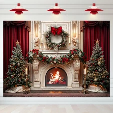 Christmas Backdrop 8x6 Ft Tree and Fireplace for Holiday Photo Booth Decor