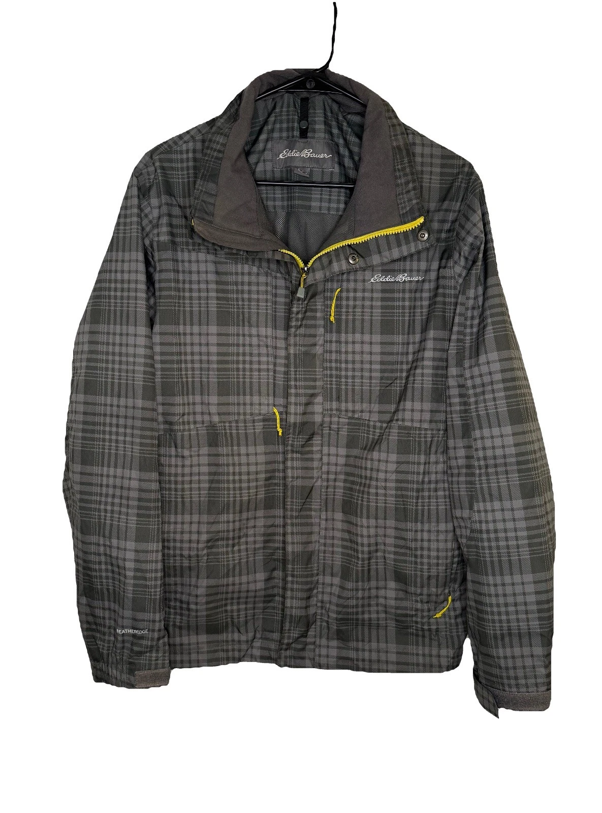 Eddie Bauer WeatherEdge gray plaid Mens small Full Zip Shell Jacket rain coat