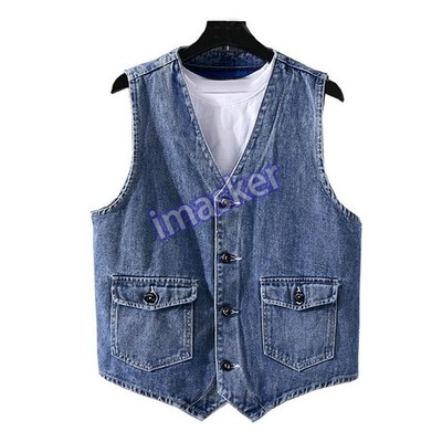 Japanese Classic Mens Denim Vest Coat Waistcoat Jeans Tops Gilet Short Outerwear