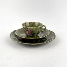 Astra Majolica Floral Green Imperial-Bonn Germany Plate, Cup & Saucer