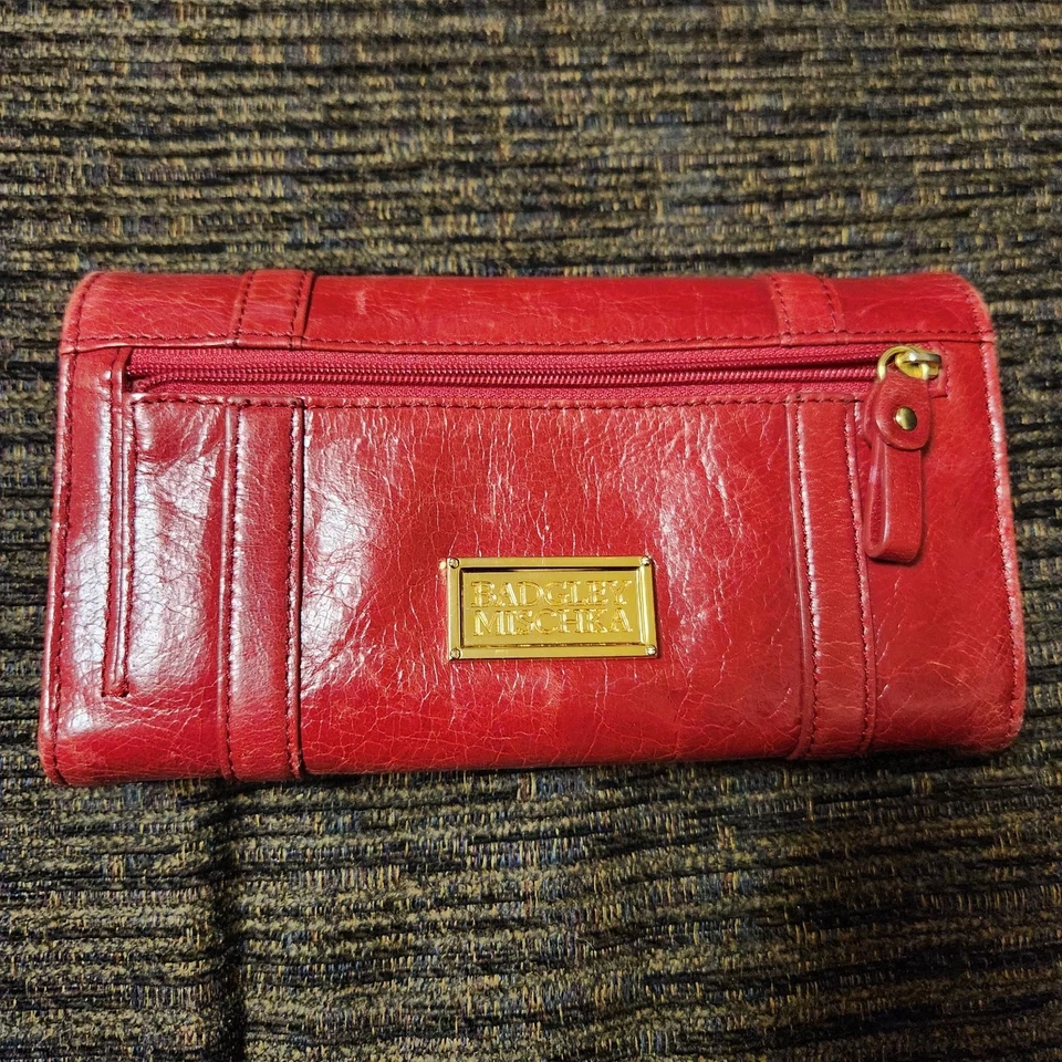 Badgley Mischka 红色柔软皮革 Snap Zip 钱包支票簿卡 ID — 第 3/4 张图片