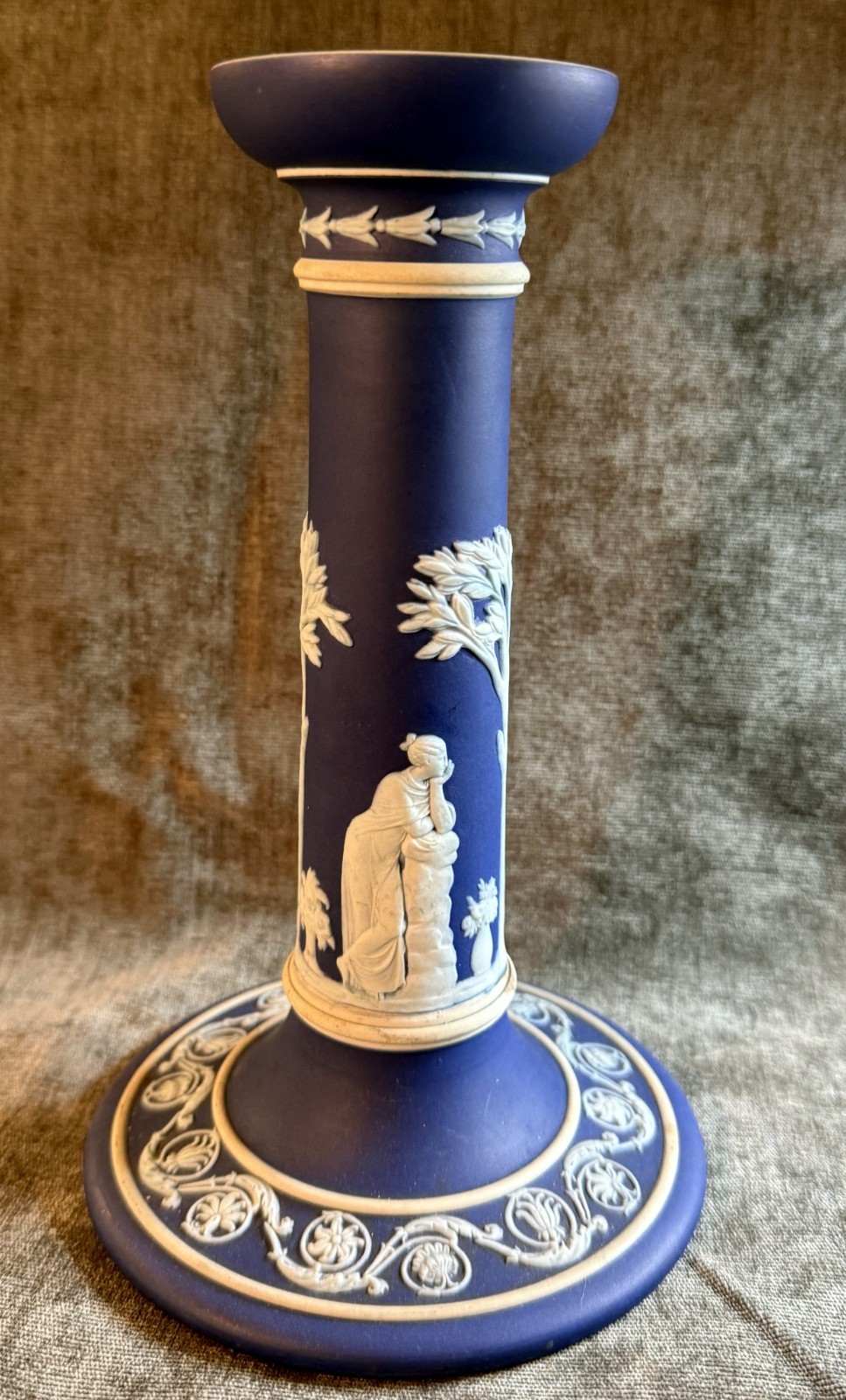 Wedgwood Dark Blue Dip Jasperware Polymnia & Urania Candlestick 19thC  Shape