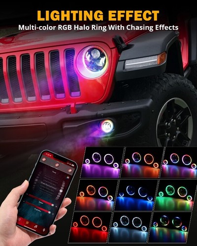 AUXBEAM 9"Inch RGB LED Headlights 4" Fog Lights For Jeep Wrangler JL 2018-2024 - Picture 2 of 12
