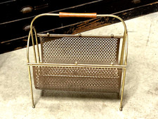 VTG Mid Century Brass Steel Magazine Album Record Rack Holder w/ Teak Handle