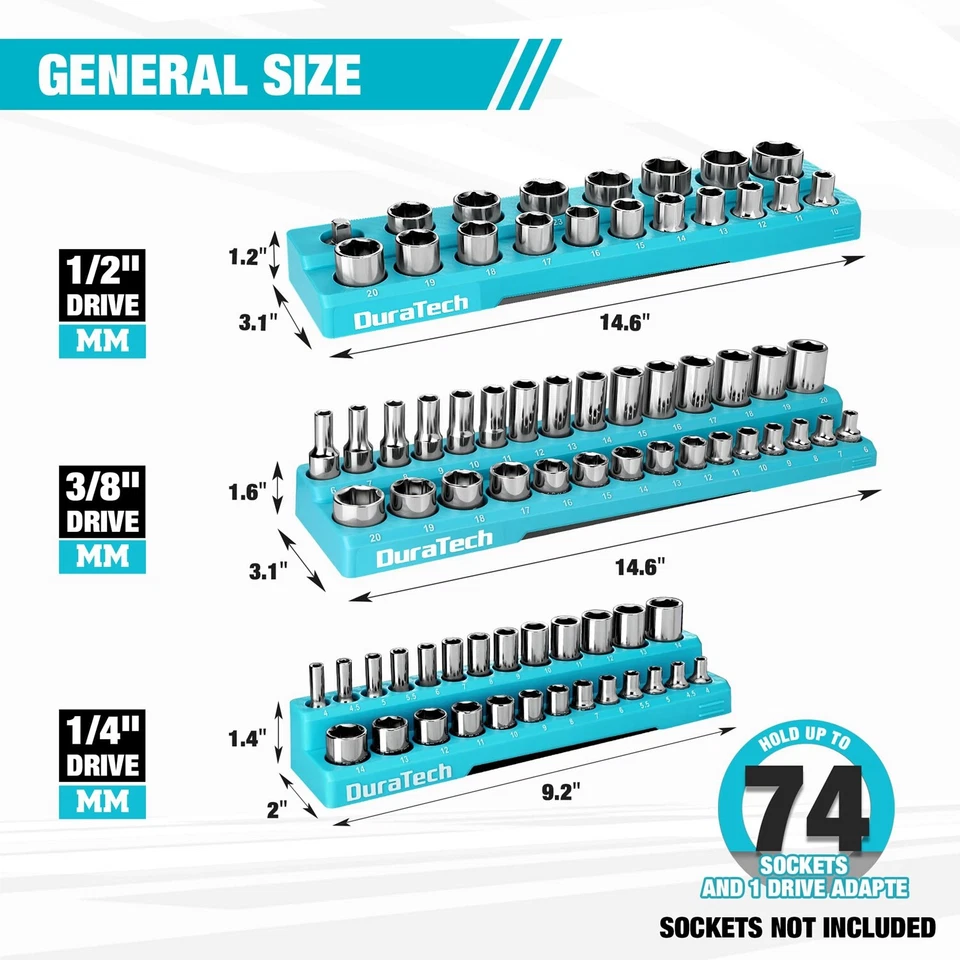 WORKPRO 3PC 1/4'' 3/8'' 1/2'' Magnetic Socket Organizer Set Metric Socket Holder - Image 4 of 4