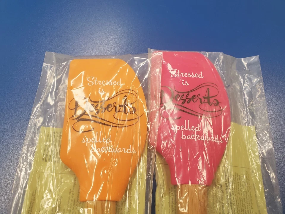 2 Pampered Chef Bamboo Stressed is Desserts Backwards Scrapers Orange Pink NIP - Image 3 of 4