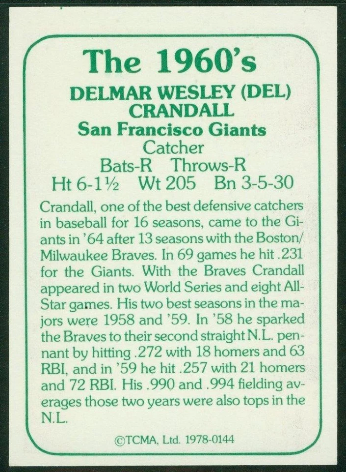 Autógrafo original de Del Crandall de los Gigantes en una tarjeta TCMA 1978 Foto 2 de 3