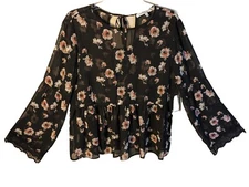 NEW Collective Concepts L Sheer Black Floral Peplum Keyhole W/ Lacey Back Top 