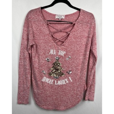 ''All the Jingle Ladies'' Sequin Christmas Sweater Top Crisscross V-Neck Red M