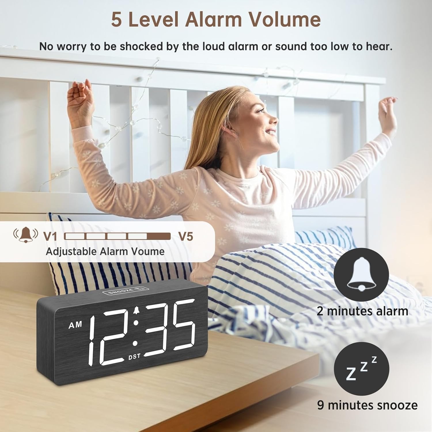 DreamSky Wooden Digital Alarm Clock for Bedroom - Loud Alarm for Heavy Sleepers