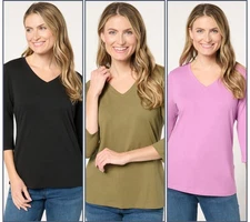 Denim & Co. Essentials Perfect Jersey 3-Pack 3/4 Sleeve Tops Blk/Olv/Wsteria S N