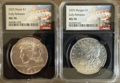 Beautiful 2025 Morgan & Peace Silver Dollar $1 NGC MS70 , Early Releases