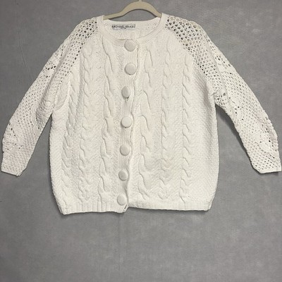Michael Simon White Cable-Knit Cardigan Crochet Sleeve Sweater Medium/Large