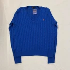 Polo Ralph Lauren Womens XL Blue Cable Knit V Neck Jumper 100% Cotton Pony Logo