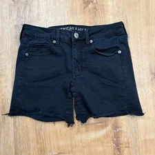 American Eagle Outfitters MIDI Black Denim Shorts Frayed Hem Size 30