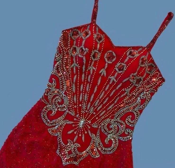 Vestido Midi Rojo Brillante Vintage Con Cuentas Diseños Alyce Formal Ocasión Foto 3 de 4