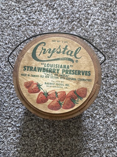 Vintage Crystal Brand Louisiana Strawberry Preserves 3lbs Wood Pail with Lid