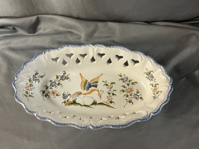 1960 Handmade French Folk Art Oval Dish w Heart Cutouts Moustier Faience