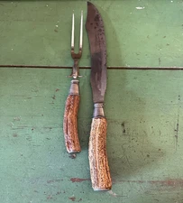 Vintage Meriden Cutlery Co. Carving Set – Antler Handles, Sterling Silver Accent