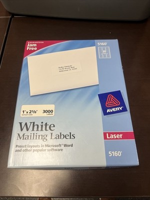 Avery 5160 White Mailing Labels 3000 Count - Factory Sealed in Box