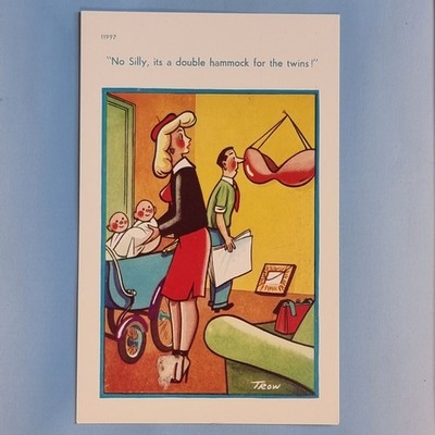 Comic Postkarte um 1960 sexy blonde Frau Zwillinge großer BH Hängematte Trow