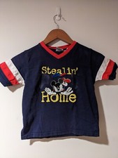 Vintage 90s Mickey Mouse Stealing Home Baseball Blue 4 Months Kids T-Shirt
