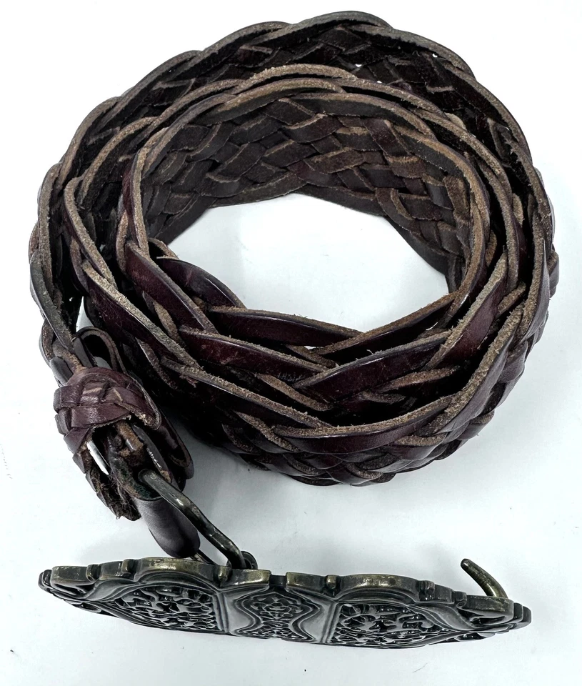 Cinturón de cuero marrón tejido trenzado marca hebilla talla 36 hebilla grande de latón filegre Foto 3 de 4