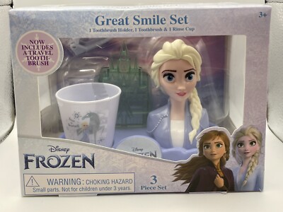 Disney Frozen Great Smile 3 Piece Set Toothbrush Rinse Cup & Holder NEW SEALED