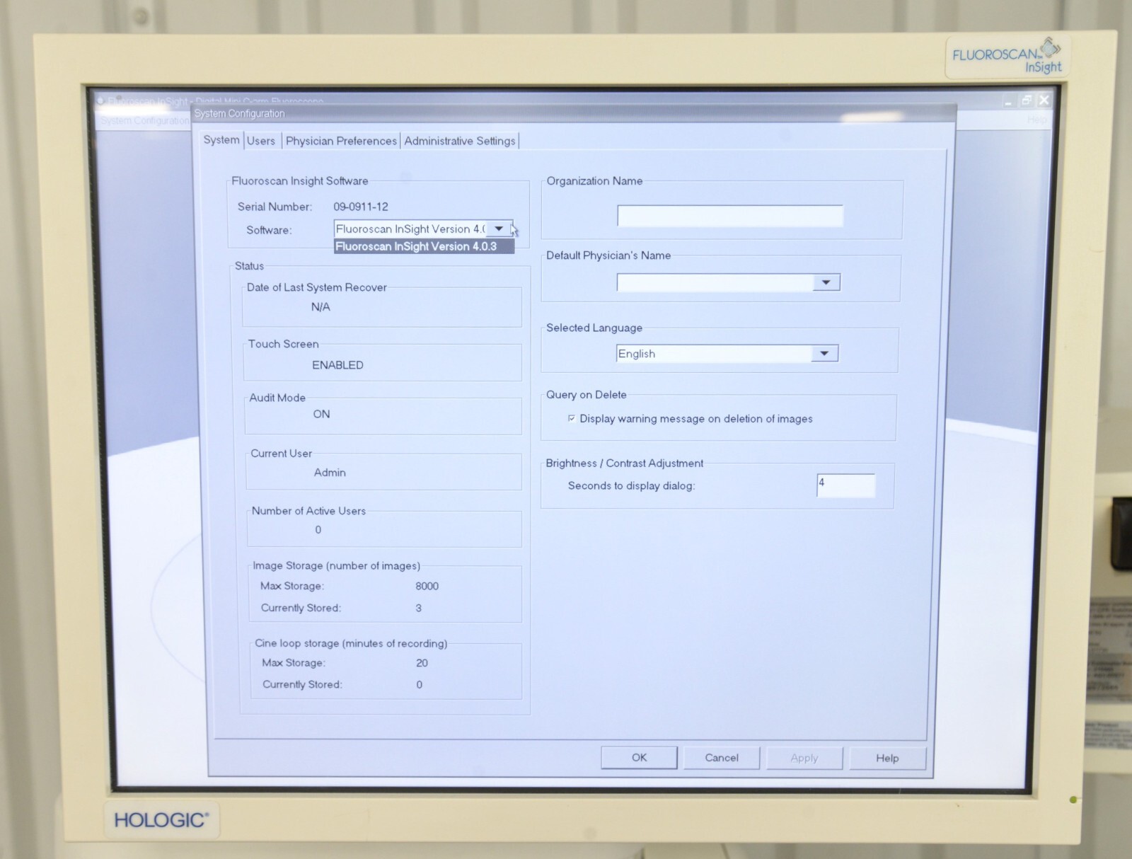 2011 Hologic Fluoroscan InSight 2 C-Arm Imaging System w/Wireless Footswitch