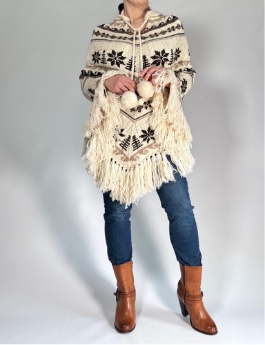 J.Crew Womans Poncho Wool Retro Vintage One Size Off-White Tan Brown Hood - Picture 12 of 12