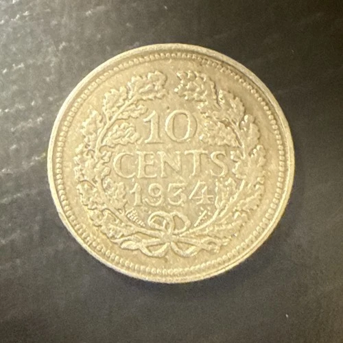 Netherlands 10 Cents 1934- Wilhelmina Koningin Nederlanden, Silver Coin Ungraded
