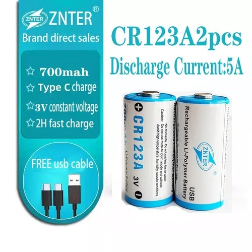 2pcs znter 3V  CR123A 700mah rechargeable  lithium battery  5A High Power