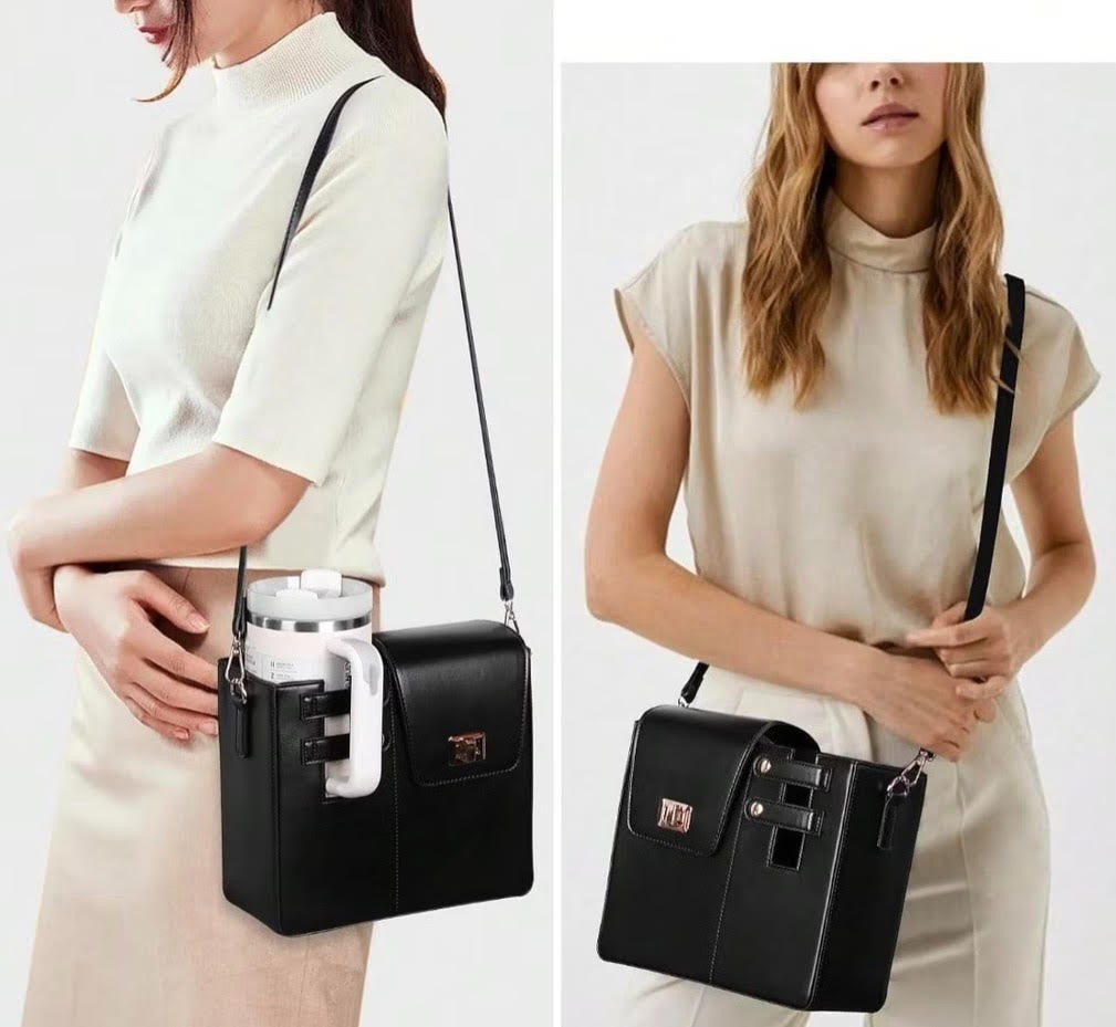 BRAND NEW Black Faux Leather Water Bottle Holder Purse With Front Flap Pocket