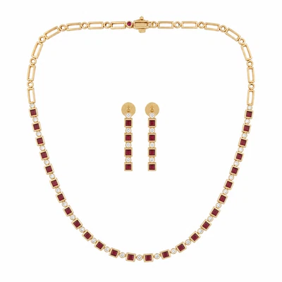Conjunto de collar y pendiente de tenis de diamantes y rubíes naturales de 6,... - Imagen 1 de 4