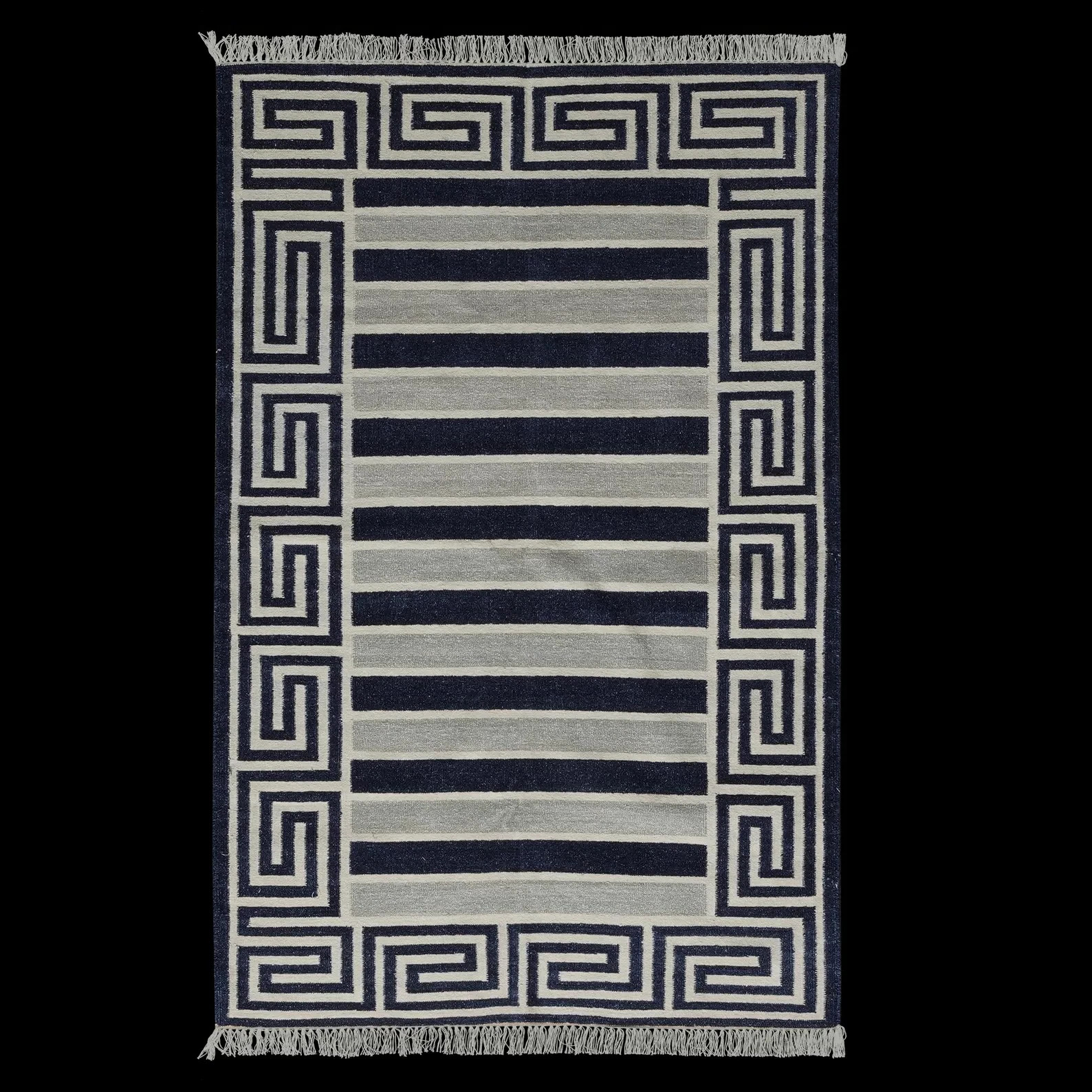Handwoven Chenille Dhurrie Rug Color Black and Beige Handmade Design Carpet Rug