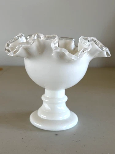 Single Fenton Silver Crest White Milk Glass Ruffled Candle Holder for Taper