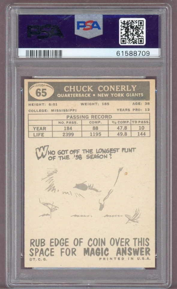 PSA 8 NM-MT SET BREAK 1959 CHARLEY CONERLY TOPPS FOOTBALL CARD #65 - Image 2 of 3