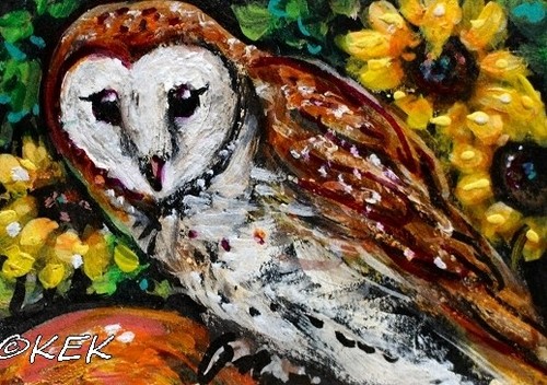 ORIGINAL ACEO Painting BARN OWL Sunflowers Fall Night Farm Pumpkin Bird ATC ART