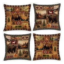 HIKENVIU Vintage Rustic Lodge Bear Pillow Covers 18x18 Inch Set of 4 Brown Cabin