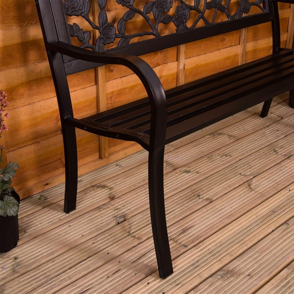 3 Seater Metal Garden Bench Rose Design Outdoor Patio Park Seat | eBay UK