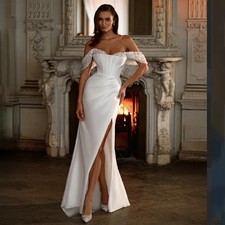 Boho Satin Sheath Wedding Dresses Sleeveless Off The Shoulder Bridal Dress