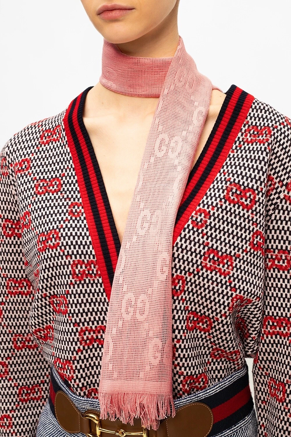 NEUF GUCCI 640680 30 X 200 cm double broderie à ciel ouvert laine rose jacquard écharpe