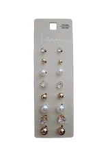 8 Pairs Stud Earrings "I Am" Cubic Zirconia, Gold Tone & Pearl Tone 