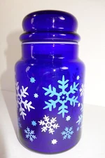 Libbey Cobalt Blue Glass Candy Nut Jar Canister 7" Lid Seal Snowflake Holiday