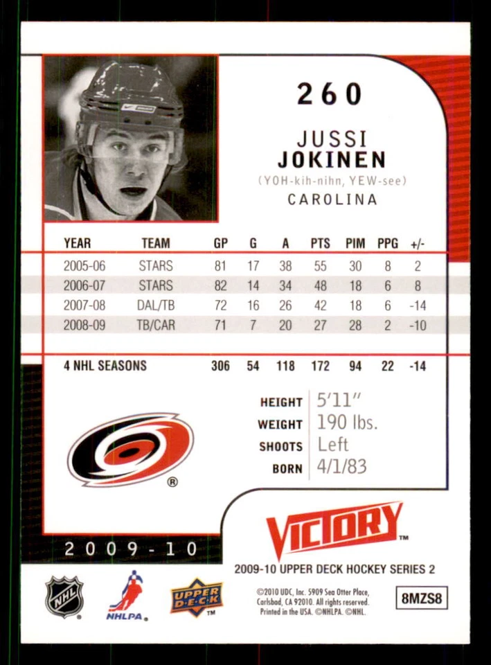 2009-10 Upper Deck Victory Update #260 Jussi Jokinen Carolina Hurricanes - Image 2 of 2