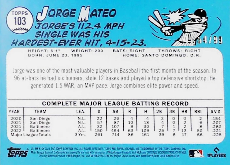 2023 Topps Archives #103 JORGE MATEO GREEN FOIL /99 BALTIMORE ORIOLES free ship - Image 2 of 2